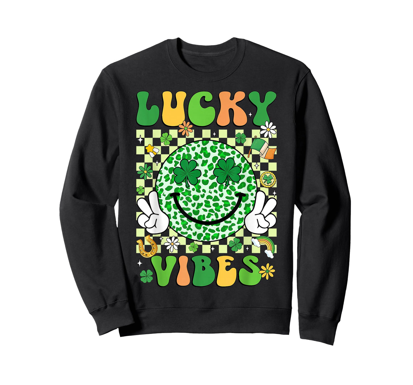Groovy St Patricks Day Lucky Vibes Shamrock Women Men Kids T-Shirt