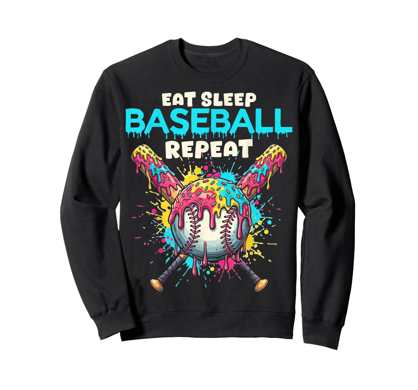 Eat Sleep Baseball Repeat Funny Ice Cream Drip Crossed Bats T-Shirt