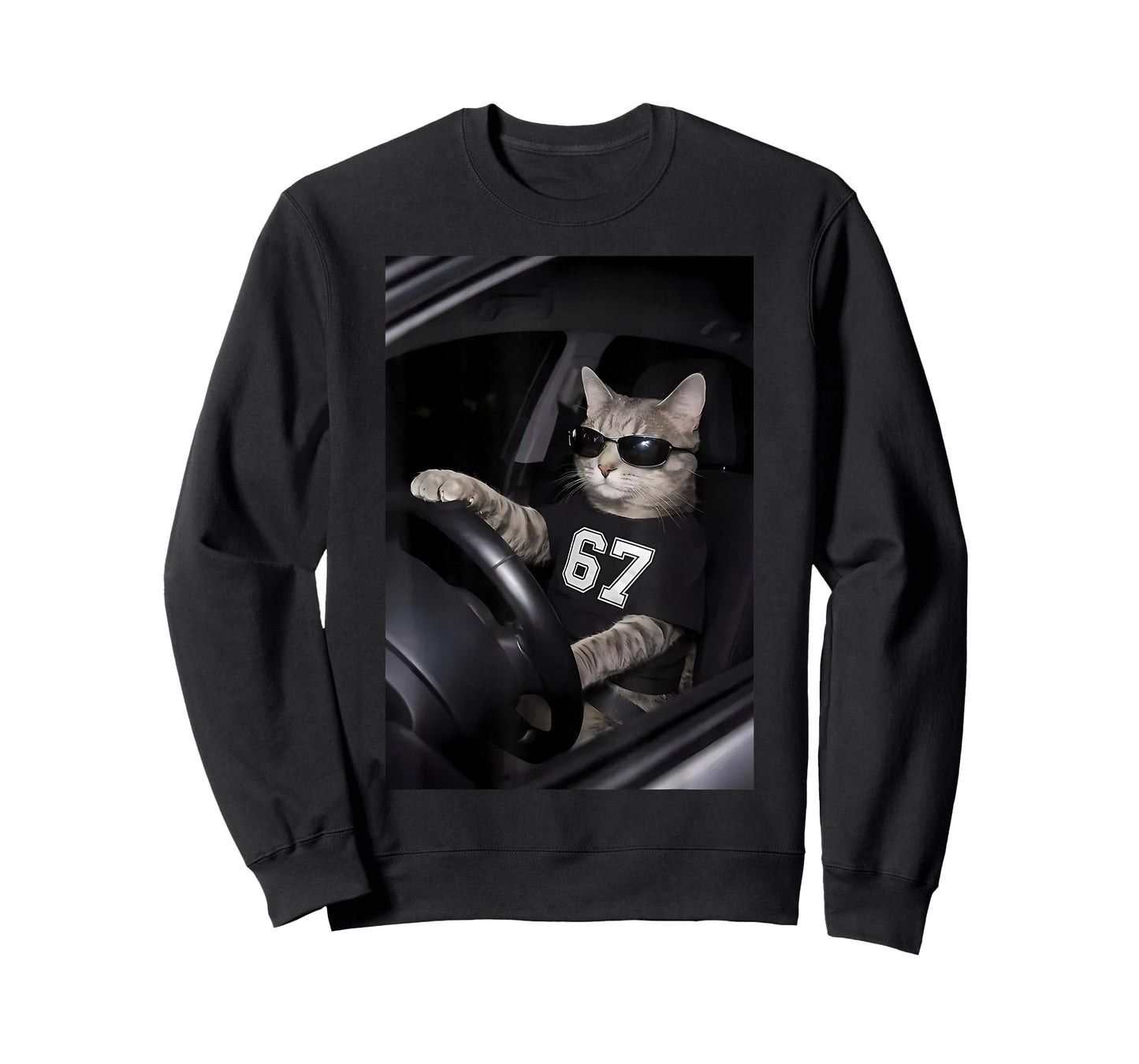 Funny Cat Wearing Sunglasses Driving Car Six Seven 67 Meme T-Shirt