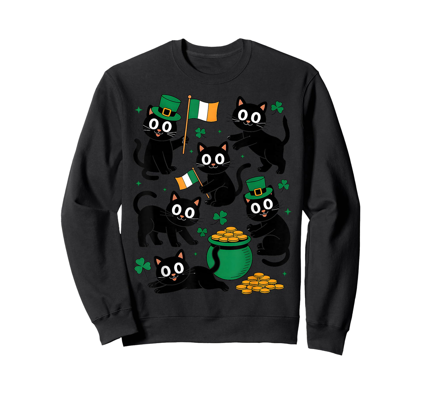 St Patricks Day Black Cat with Shamrock Irish Cute Cat Lover T-Shirt