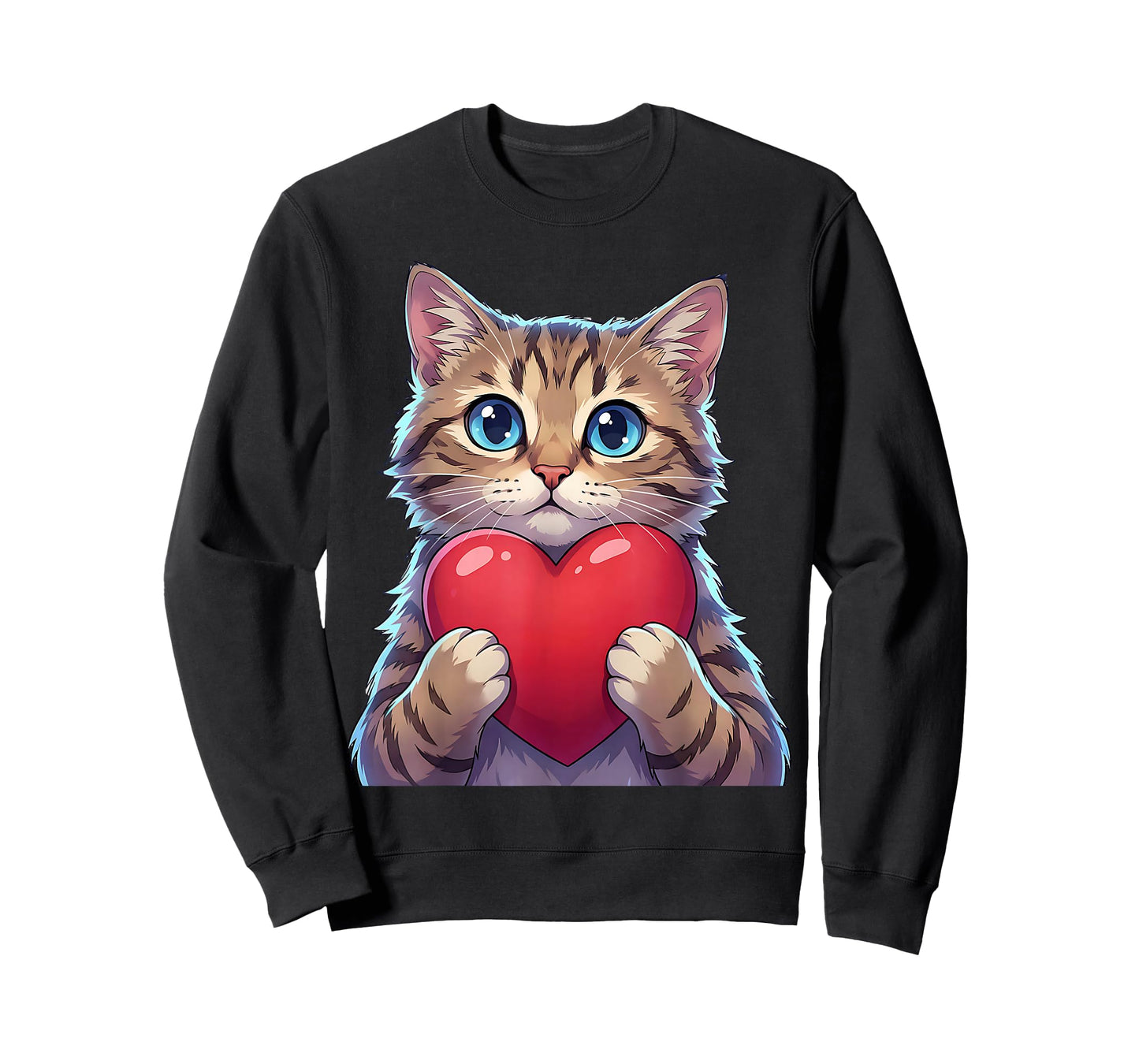 Cute Cat Holding Heart Sweet Love Valentine Illustration T-Shirt