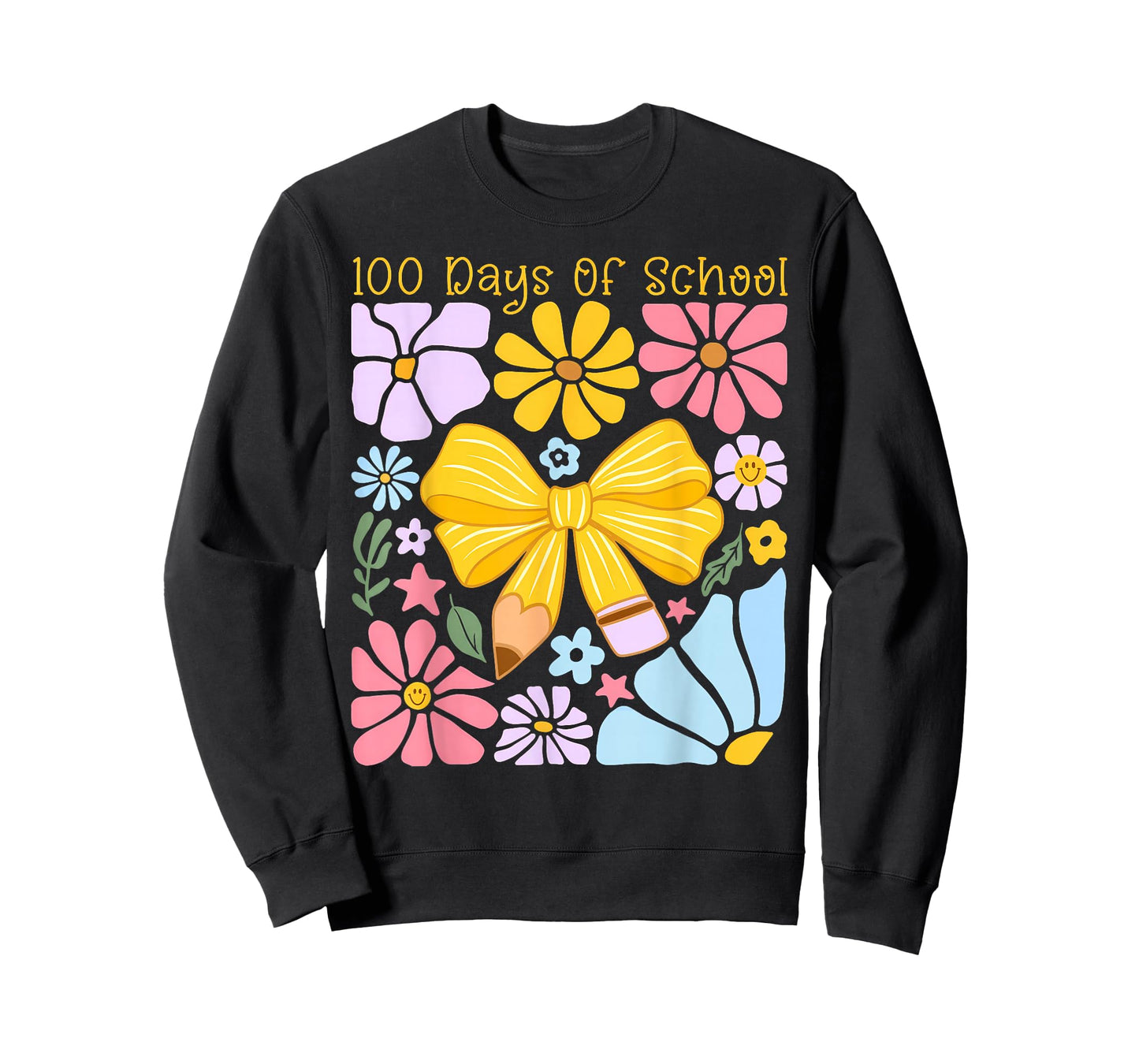 100 Days of School Pencil Bow Flowers Milestone Kid Teacher T-Shirt
