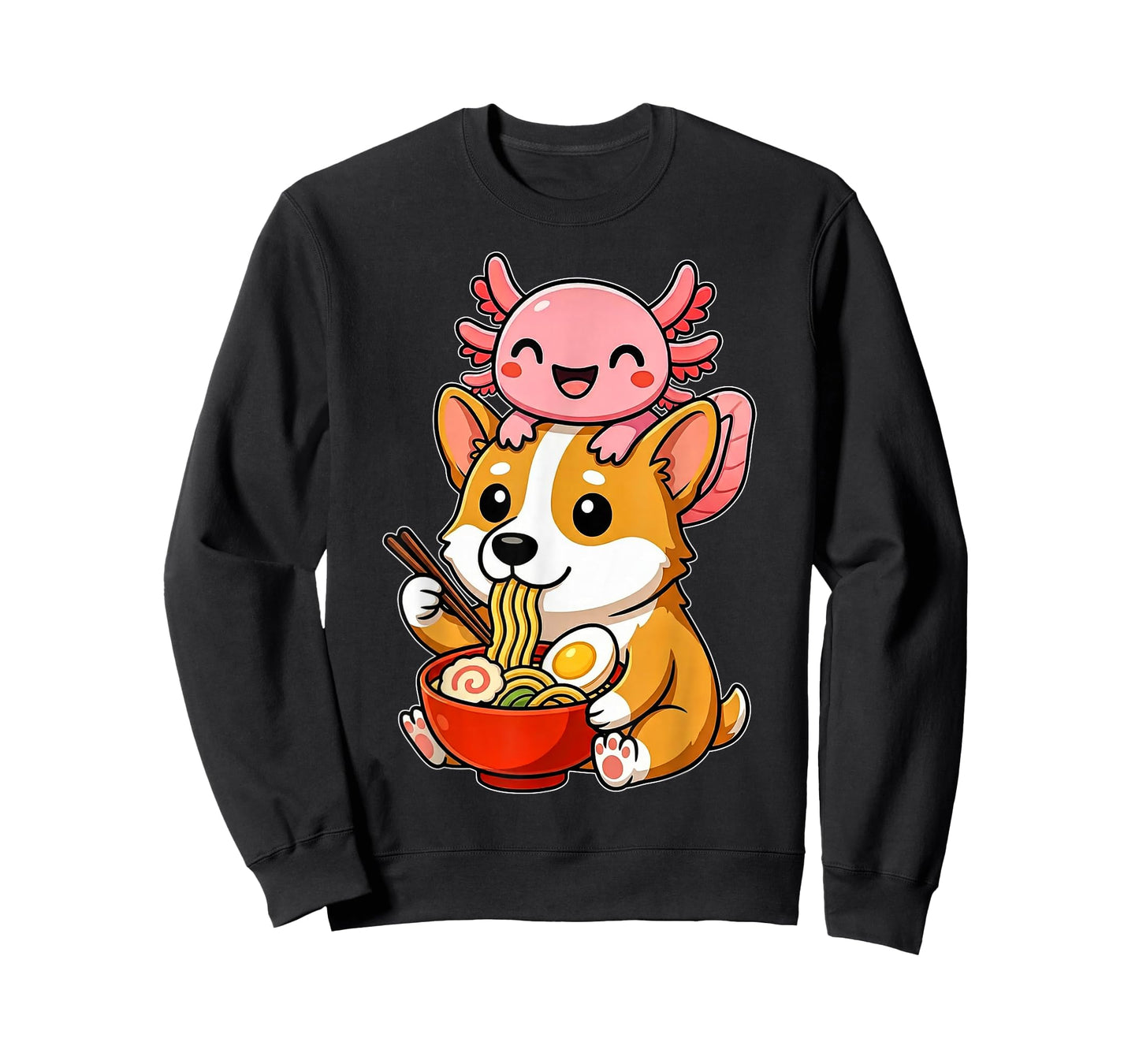 Funny Cute Axolotl and Corgi Dog Eating Ramen Anime Noodle T-Shirt