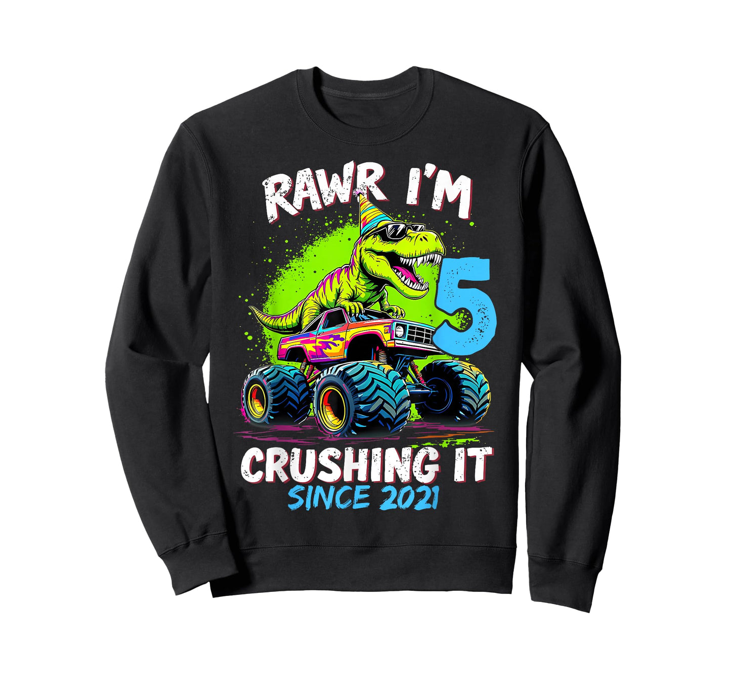 5th Birthday Monster Truck Dinosaur 5 Year Old Boy Born 2021 T-Shirt