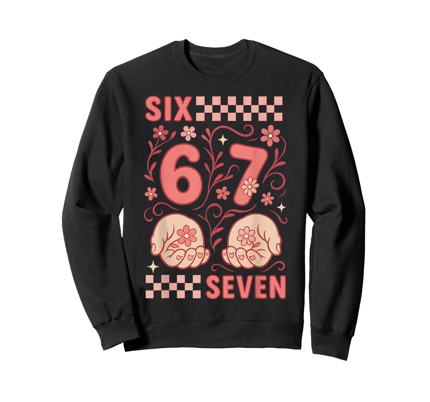 67 Retro Women Groovy Floral Checkered 6 7 Girls Six Seven T-Shirt