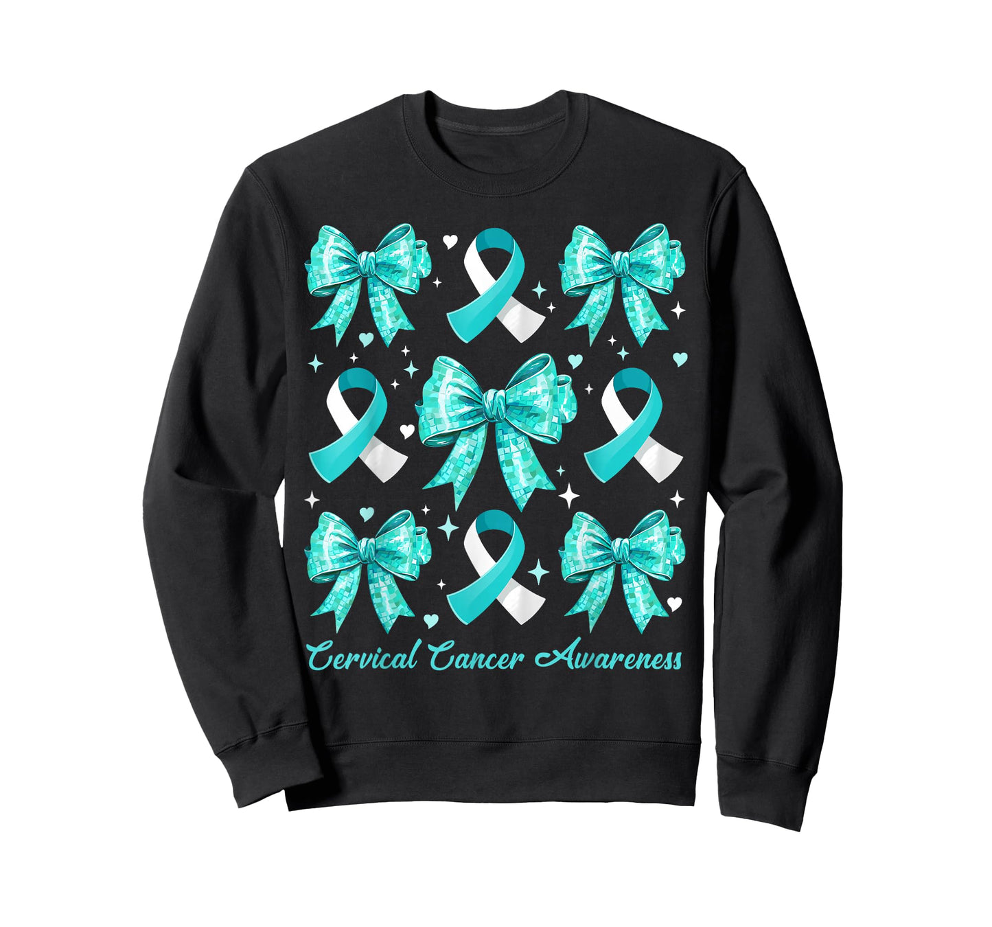 Teal and White Ribbon Coquette Bow Cervical Cancer Awareness T-Shirt