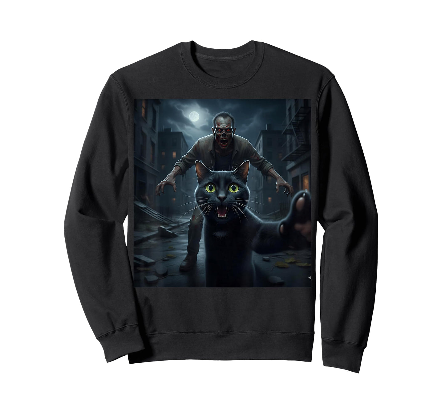 Black Cat Selfie Running Away from Zombie Fun for Kids Teens T-Shirt