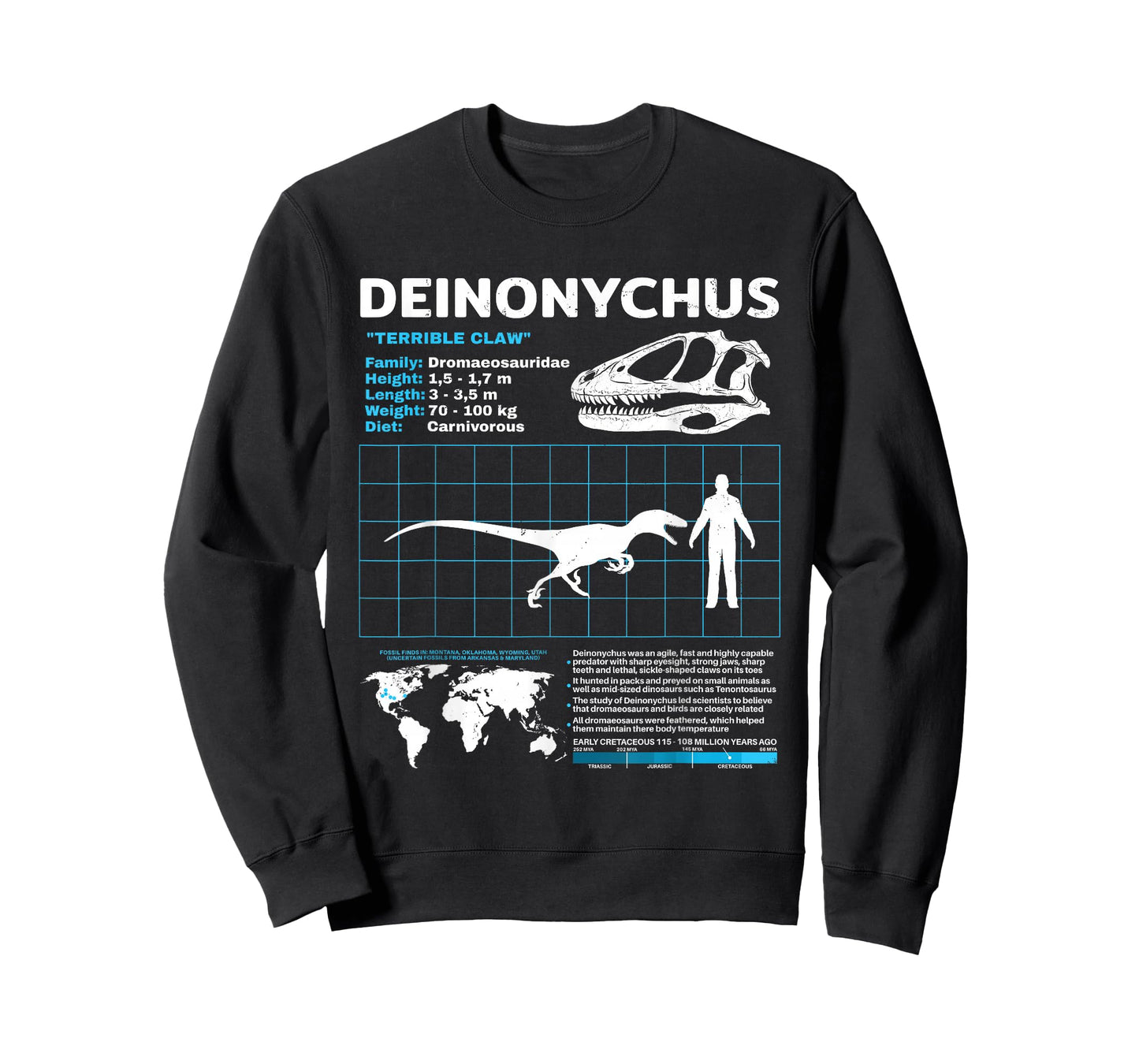 Deinonychus Fact Sheet Skull Fossil T-Shirt
