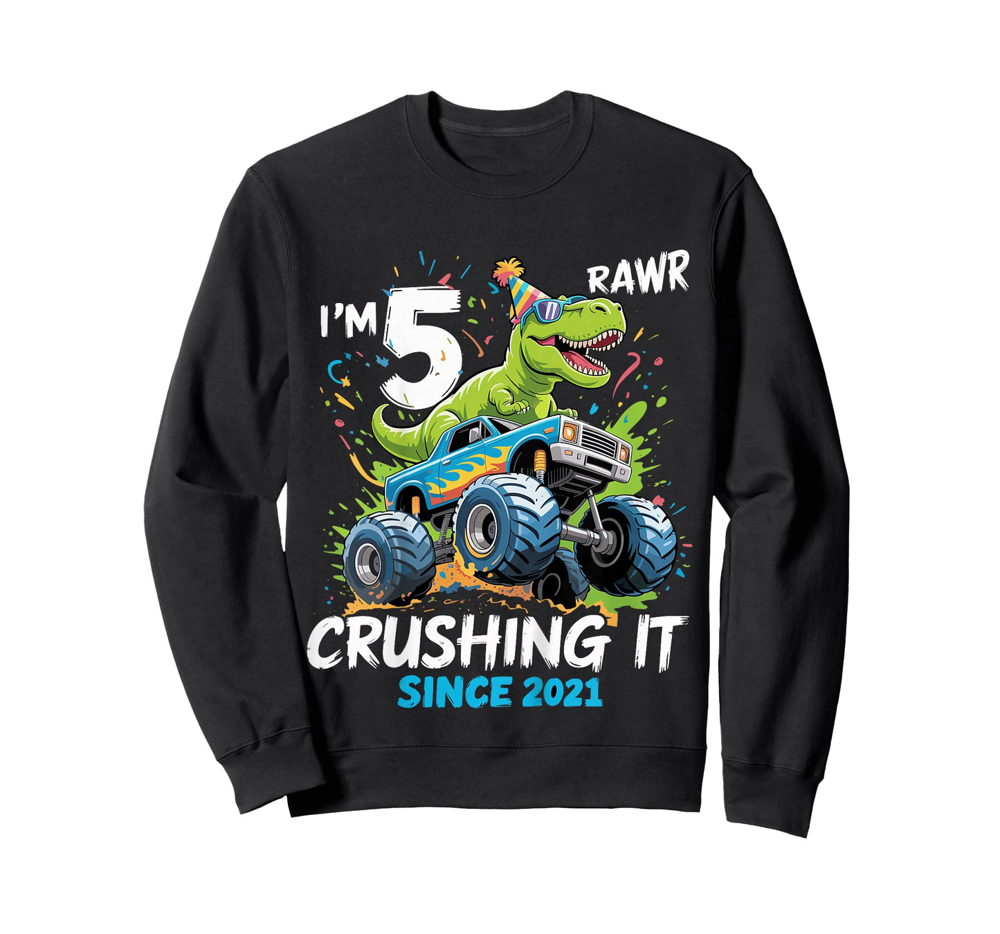 Kids 5th Birthday Monster Truck Dinosaur 5 Year Old boy Born 2021 T-Shirt