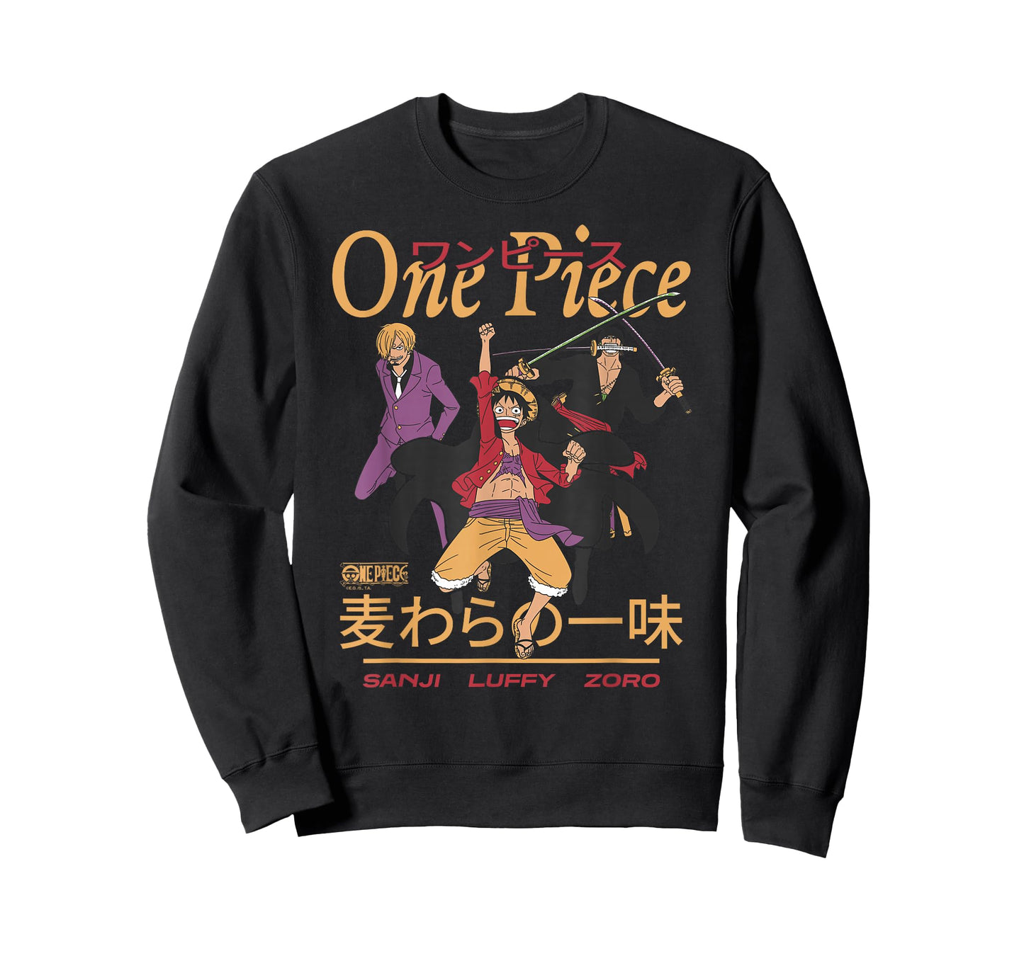 One Piece Anime Sanji Luffy Zoro Kanji Collage Pirate T-Shirt