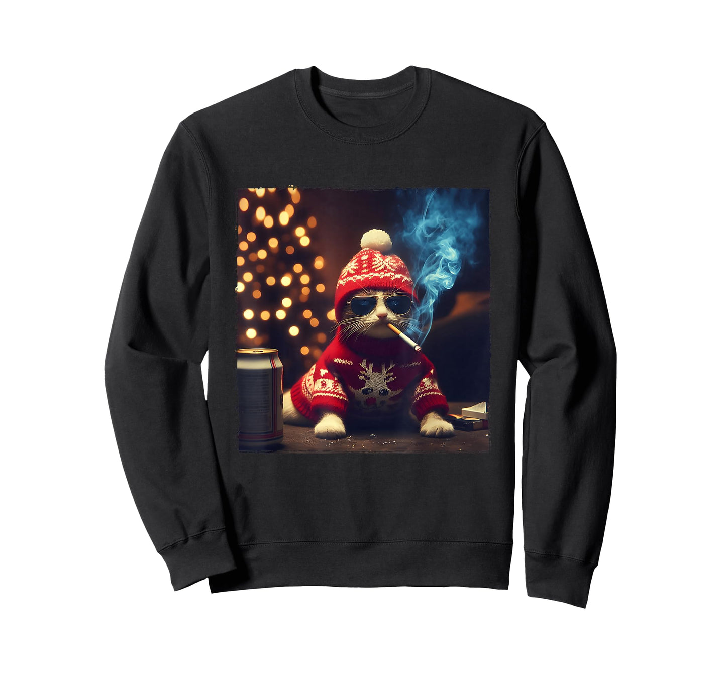 Smoking Cat Santa Hat Kitten Beverage Meme Sweatshirt Jumper T-Shirt