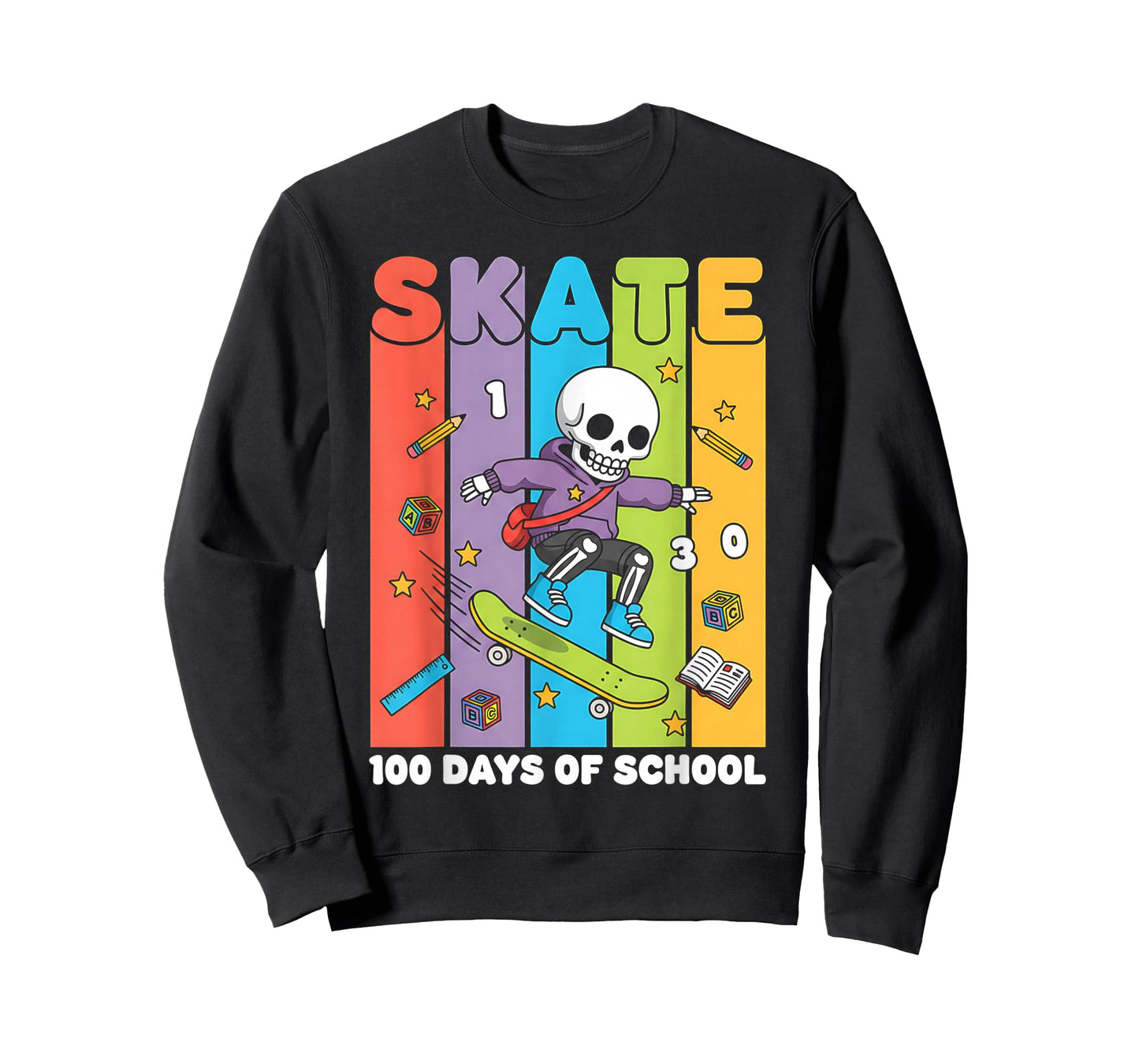 Skate 100 Days of School Cool Student Skateboard Boys Girls T-Shirt