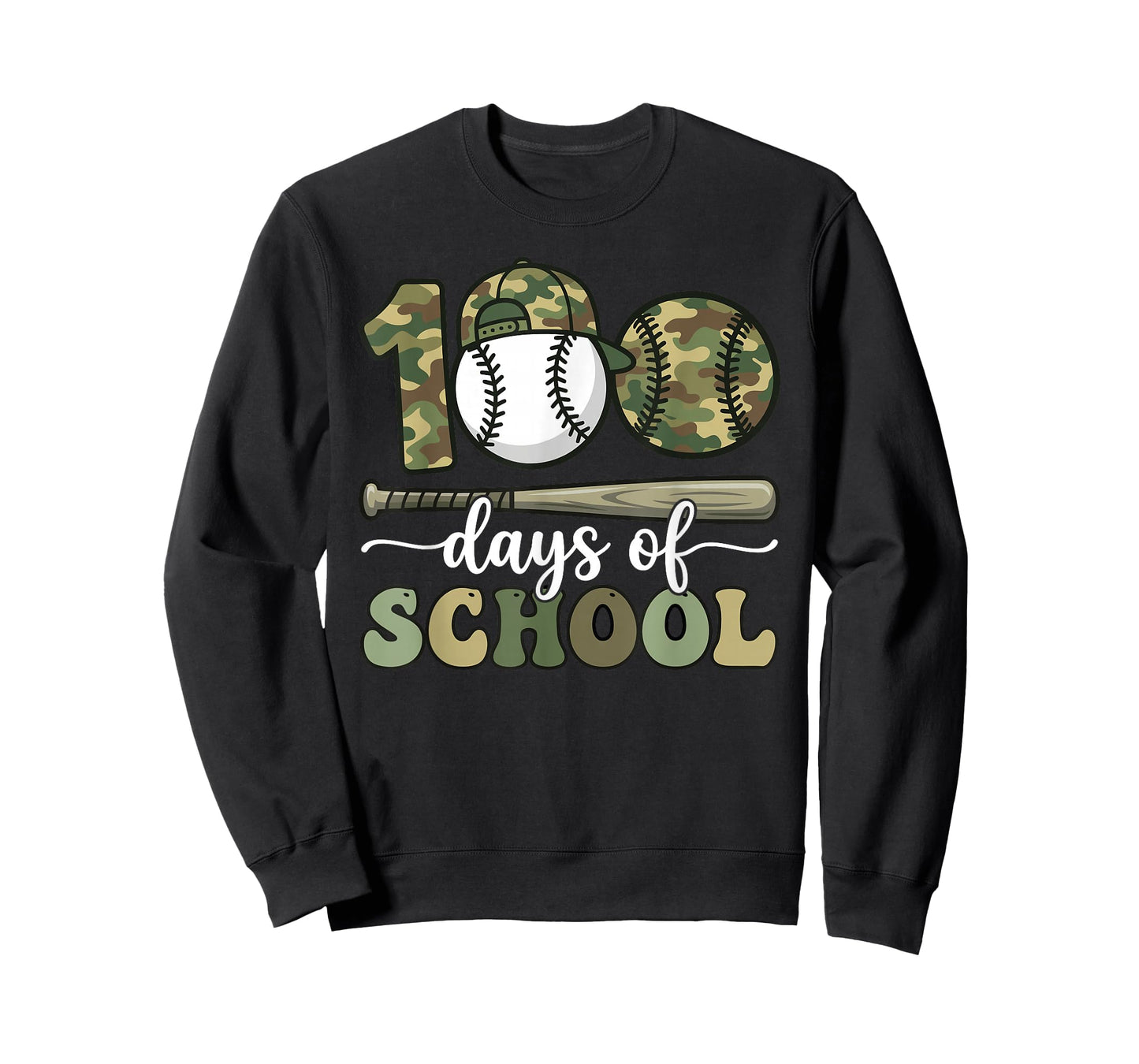 100 Days of School Baseball Camo Art for Boys Kids Students T-Shirt