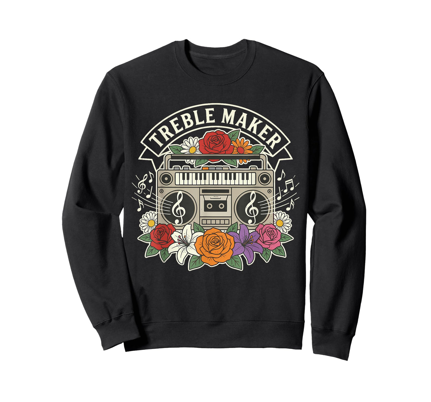 Treble Maker – Funny Music Pun Quote Boombox Floral Design T-Shirt