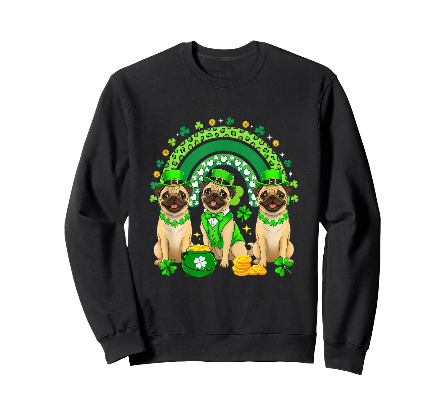 Three Cute Pugs St. Patrick's Day Shamrocks Rainbow T-Shirt