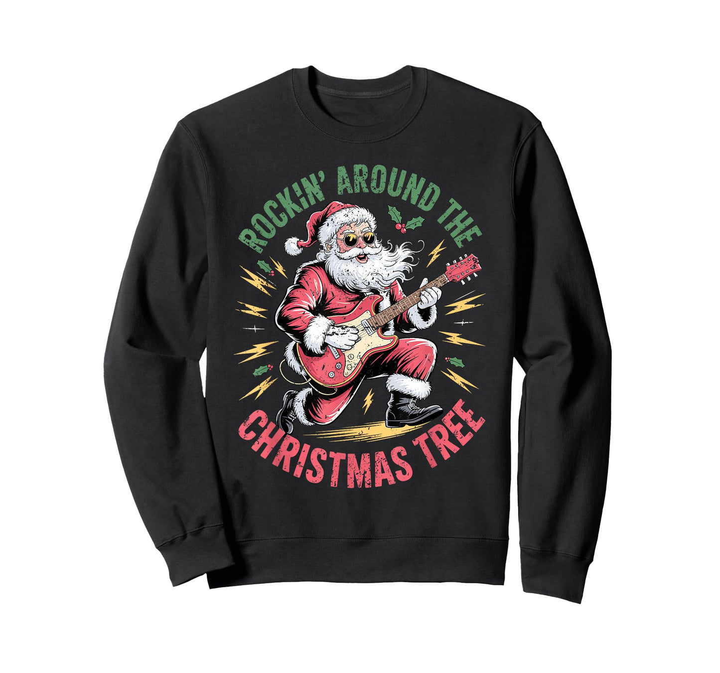 Rockin Around Christmas Tree Santa Guitar Rock N Roll Xmas T-Shirt