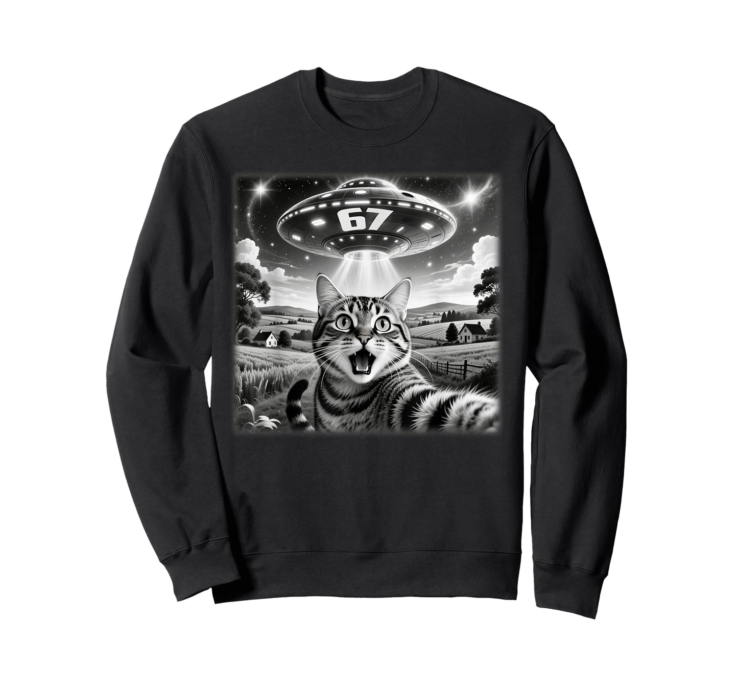 67 Meme 6 7 Cat Selfie UFO Alien Funny Six Seven Saying T-Shirt