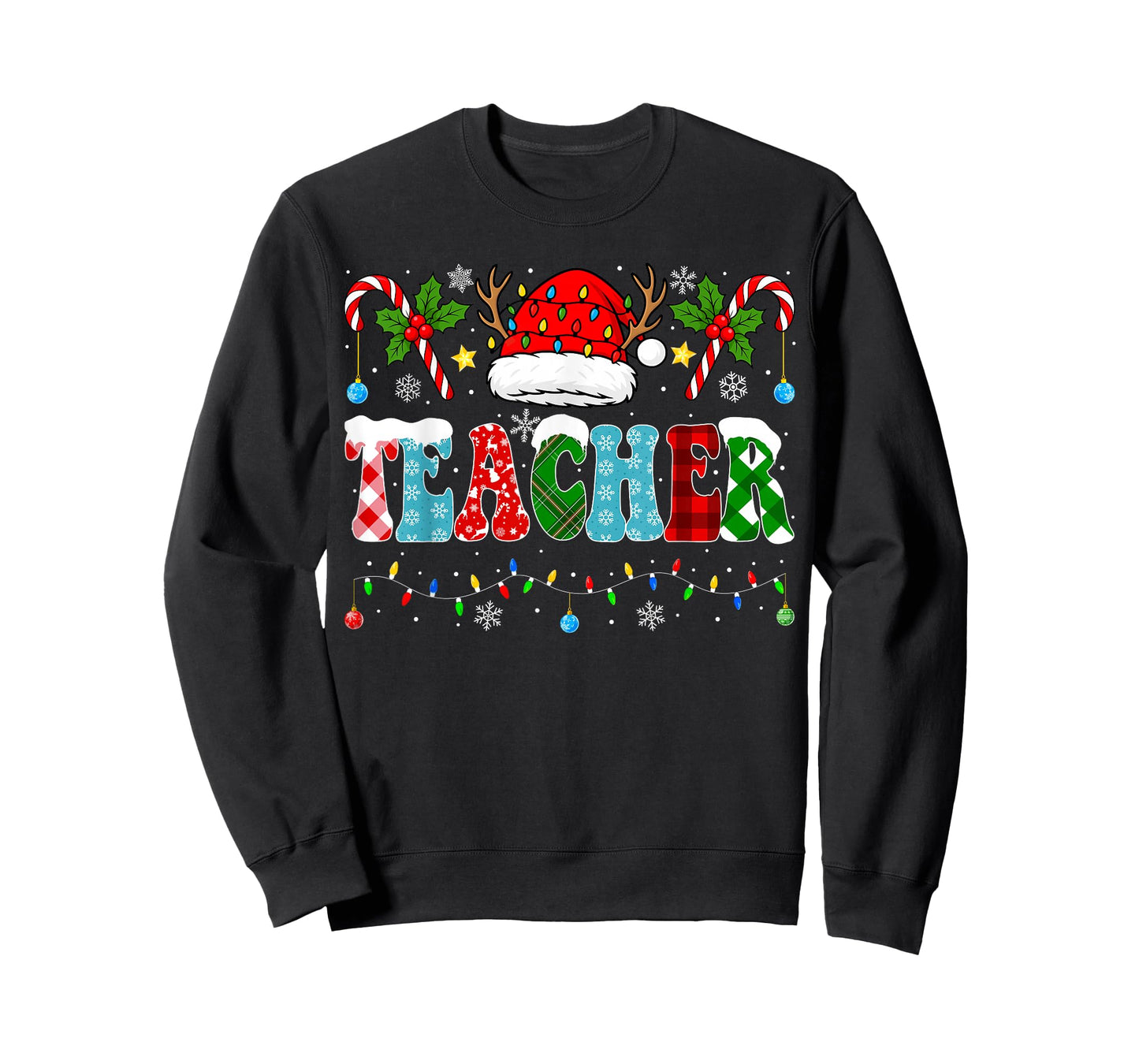 Santa Hat Teacher Christmas Lights Funny Christmas Teacher T-Shirt
