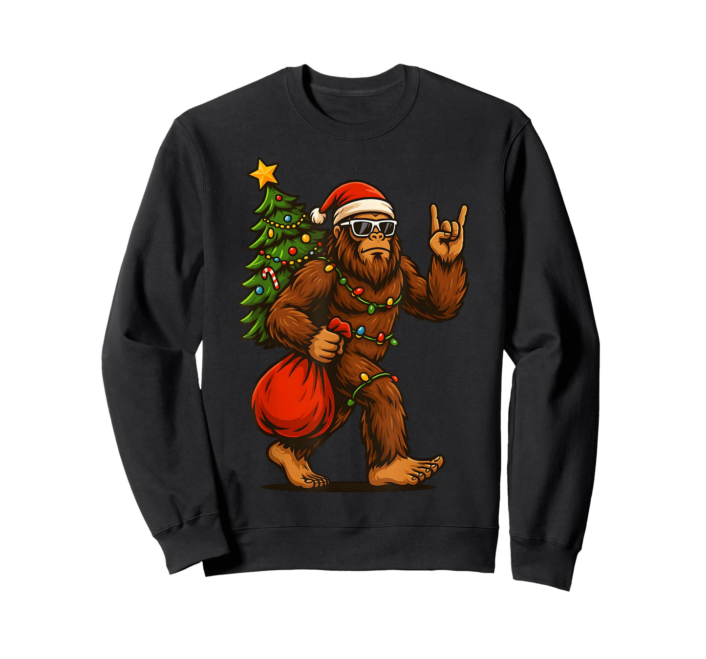 Santa Bigfoot Rock and Roll Christmas Tree Xmas Lights Mens T-Shirt