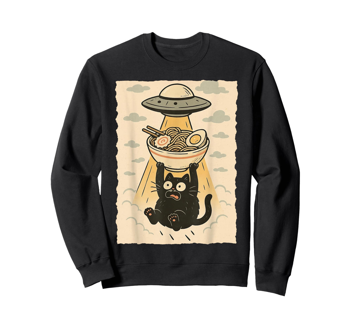 Funny Black Cat UFO Ramen Alien Abduction Graphic Tee Anime T-Shirt