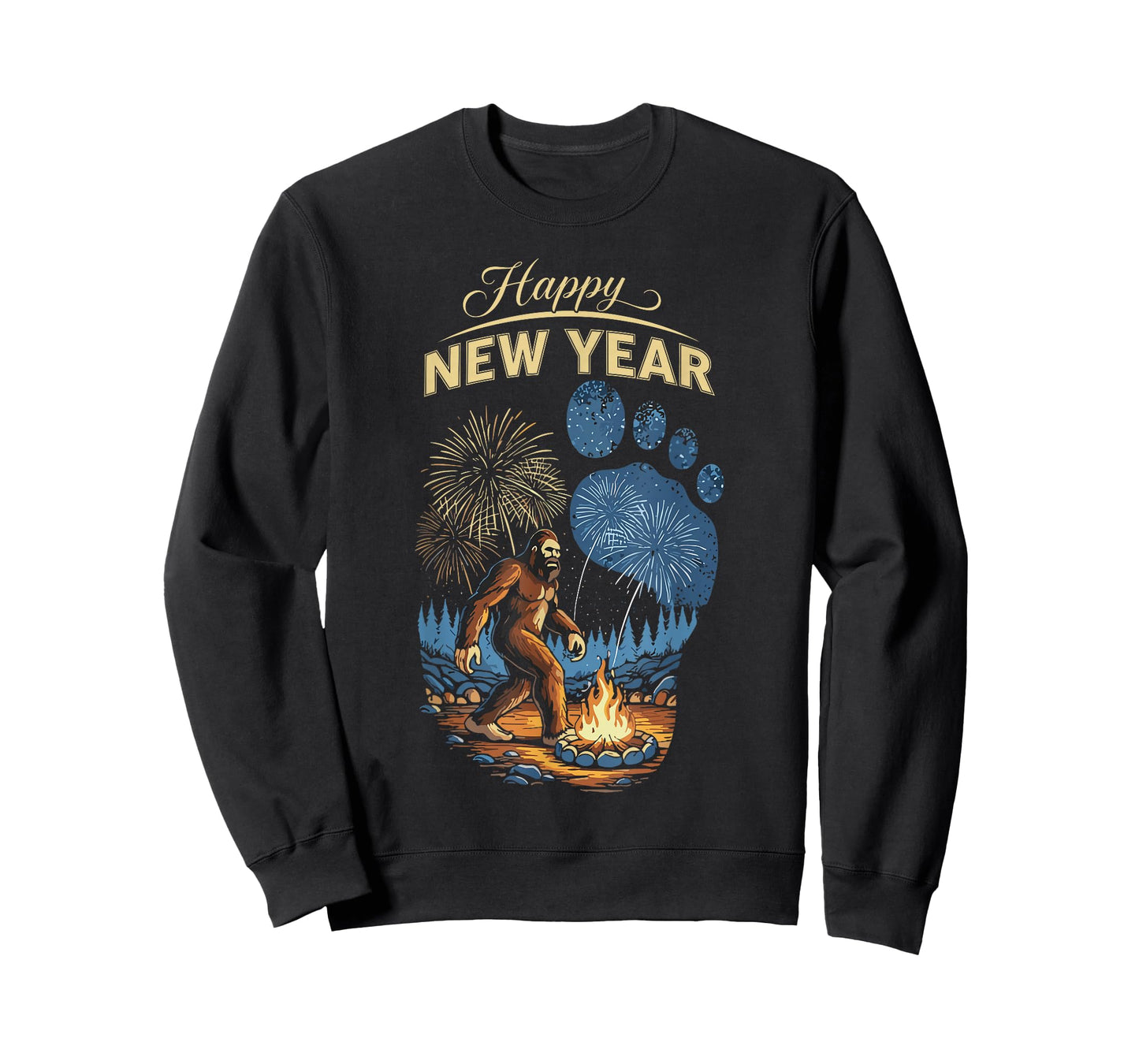 Funny Boys NYE Outfit, Mens Fireworks Bigfoot Happy New Year T-Shirt