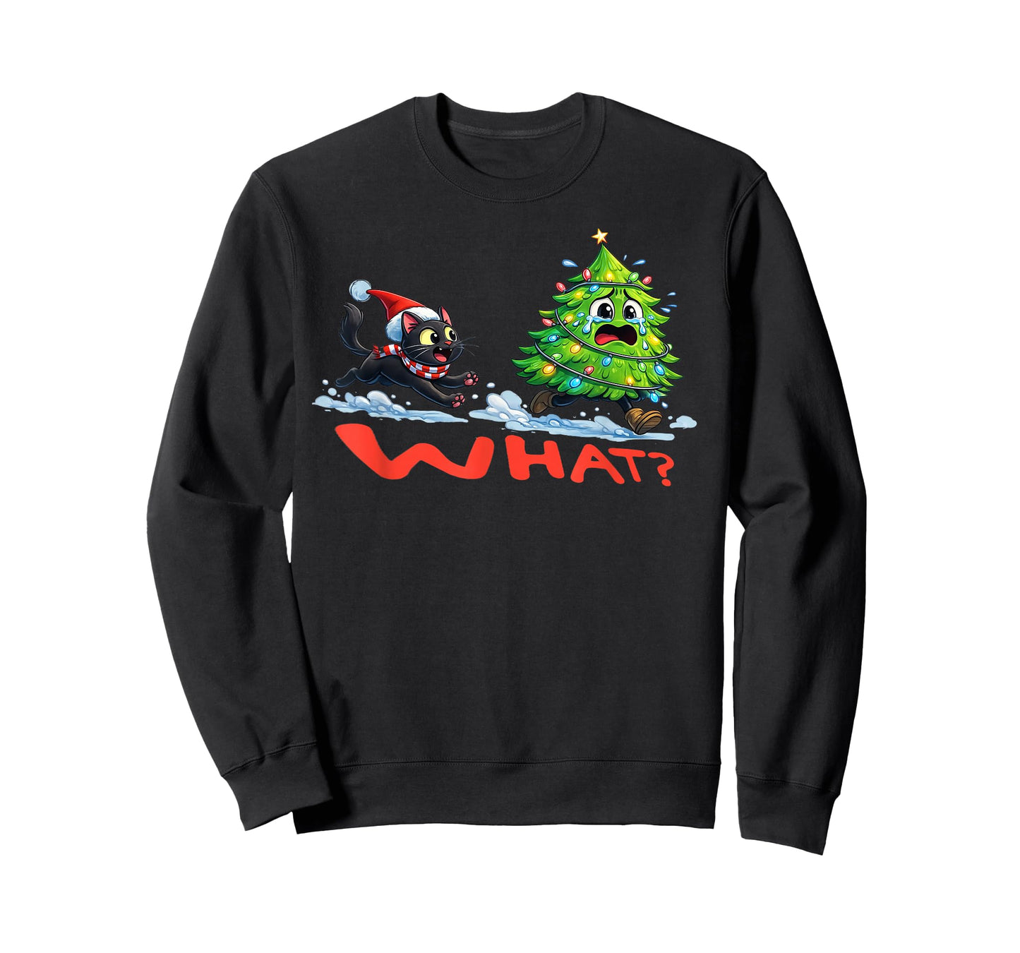 Funny Black Cat Gifts Chasing Christmas Tree Over Cat What? T-Shirt
