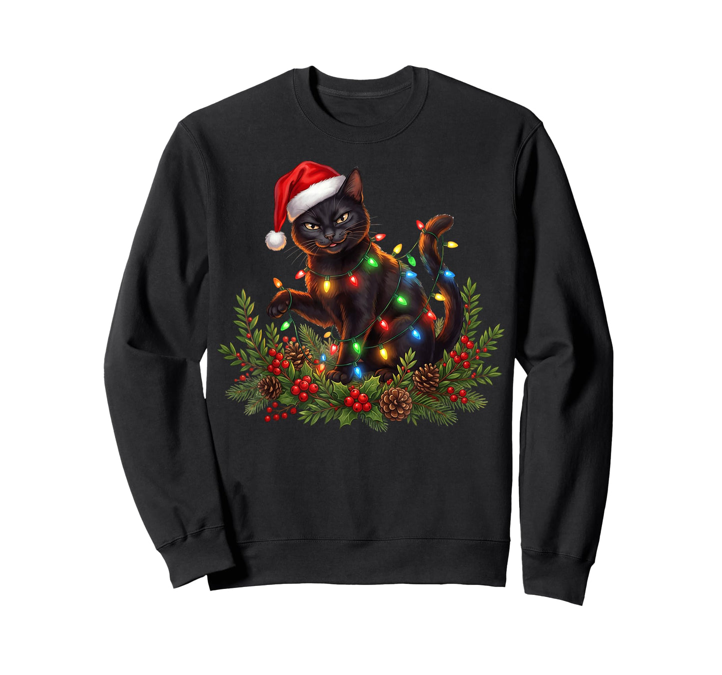 Black Cat Christmas Santa Hat Funny Meowy Cats Women Men T-Shirt