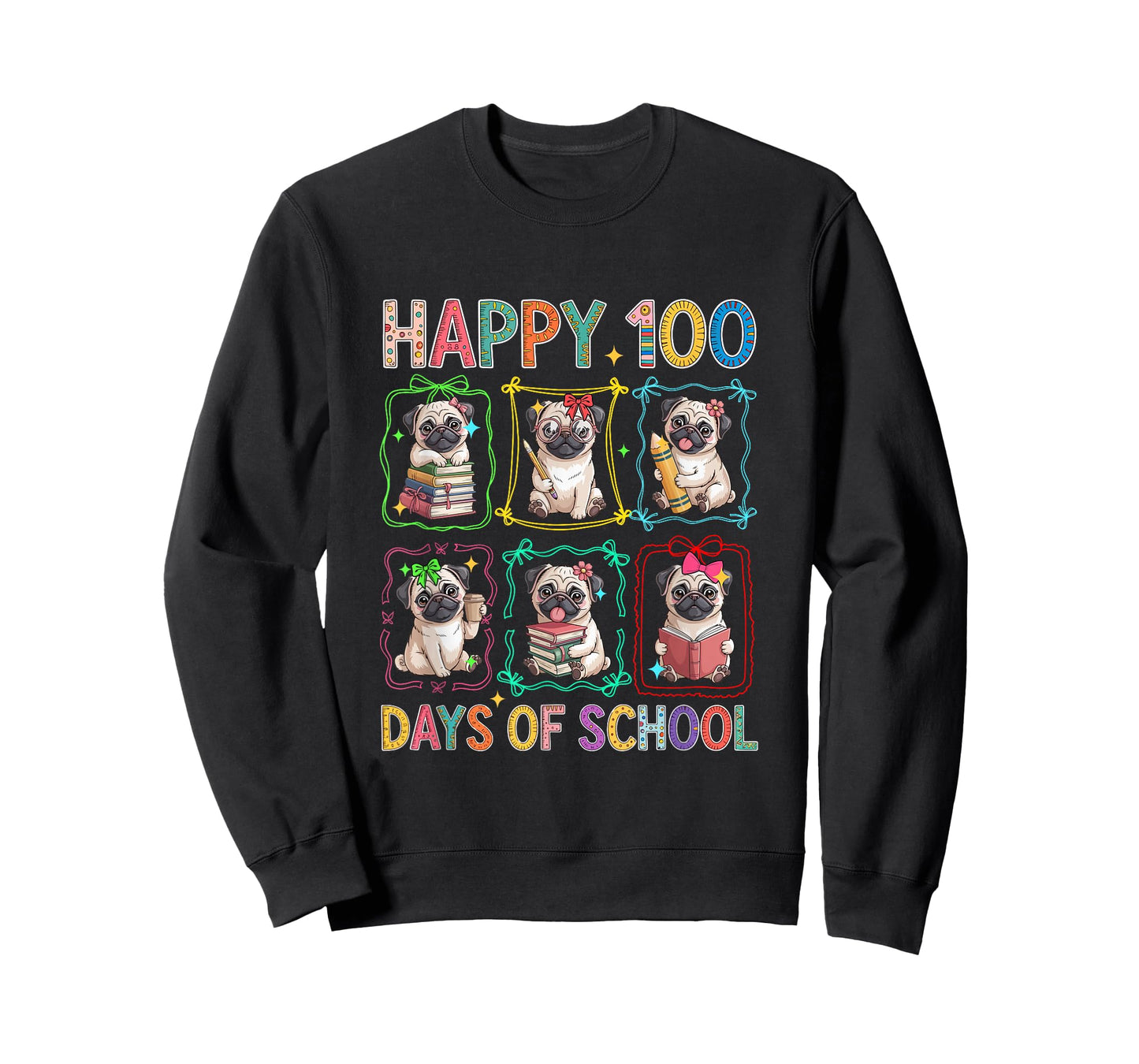 Happy 100 Days of School Colorful Group Pugs Students Kids T-Shirt
