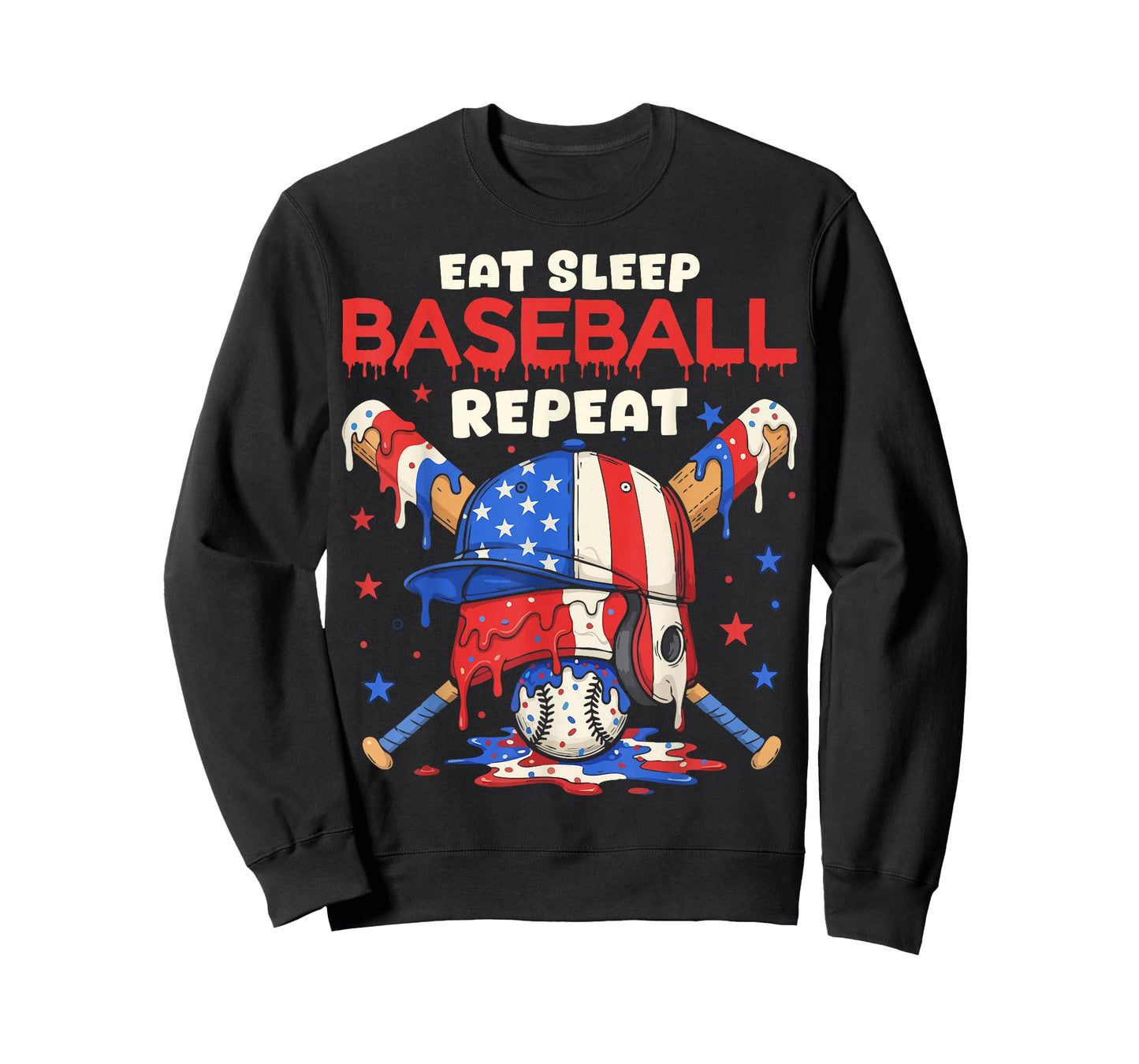 Eat Sleep Baseball Repeat Funny Ice Cream Drip Crossed Bats T-Shirt