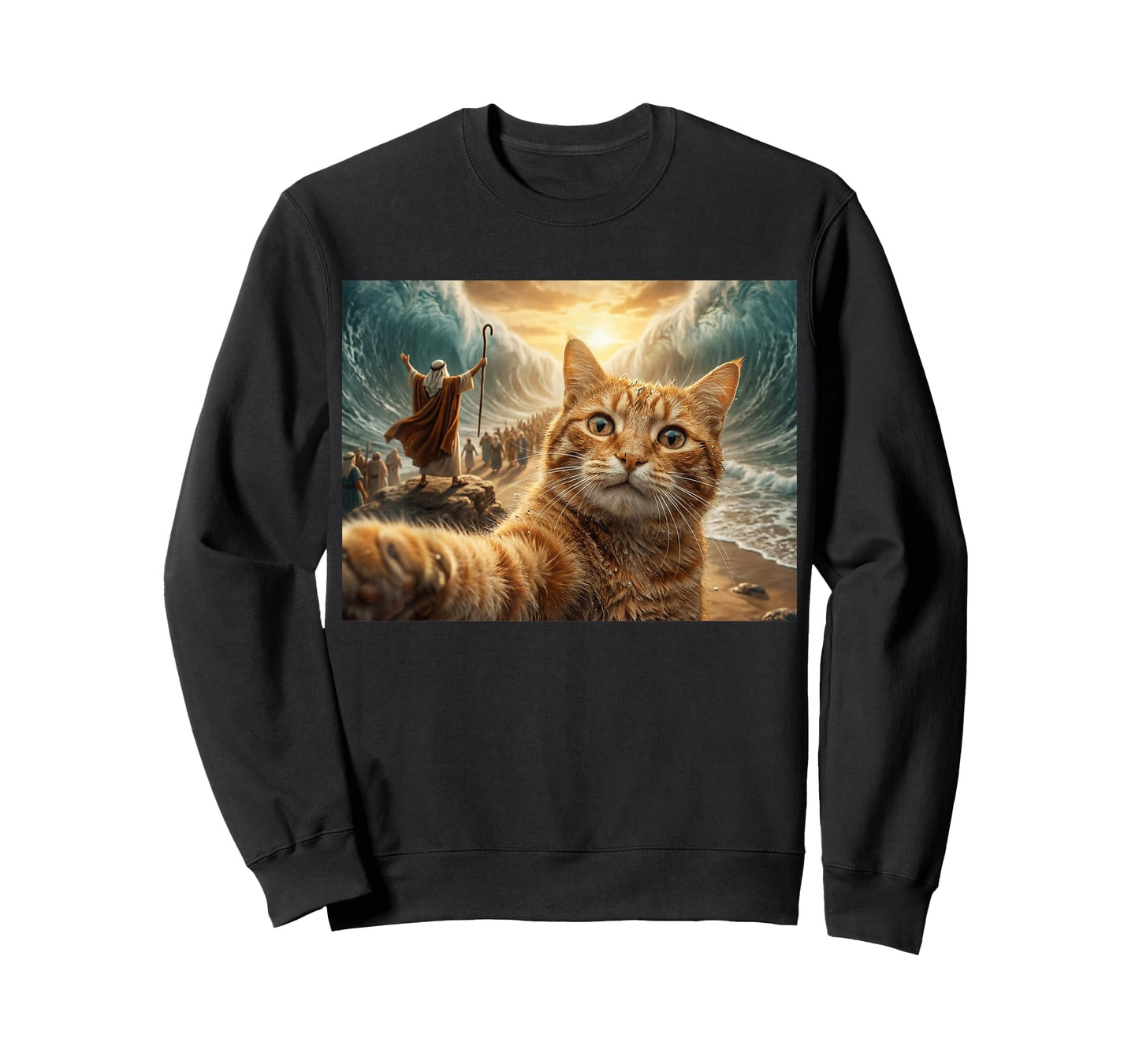 Funny Cat Selfie Moses Parting Red Sea Christian Bible Humor T-Shirt