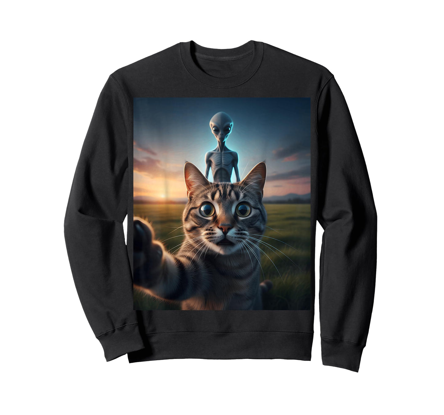 Cat Selfie with Alien on The Back Funny for Kids Teens Adult T-Shirt