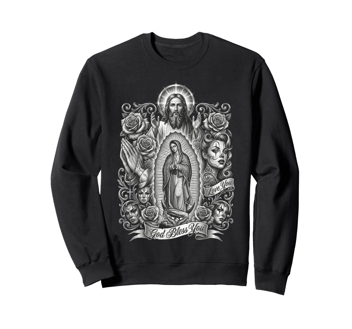 Chicano Style Payasa Jesus Virgin Mary Rosary Religious Art T-Shirt