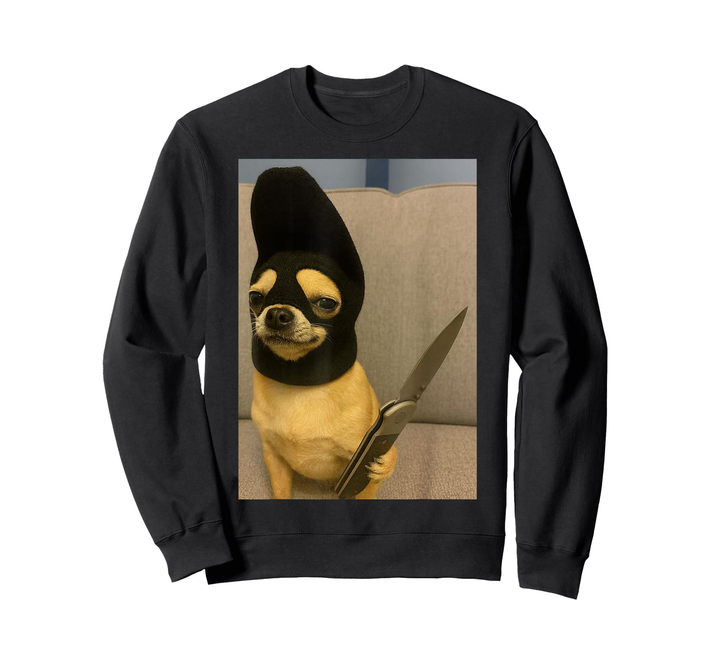 Funny Chihuahua Dog Wearing a ski mask and Holding a Knife T-Shirt