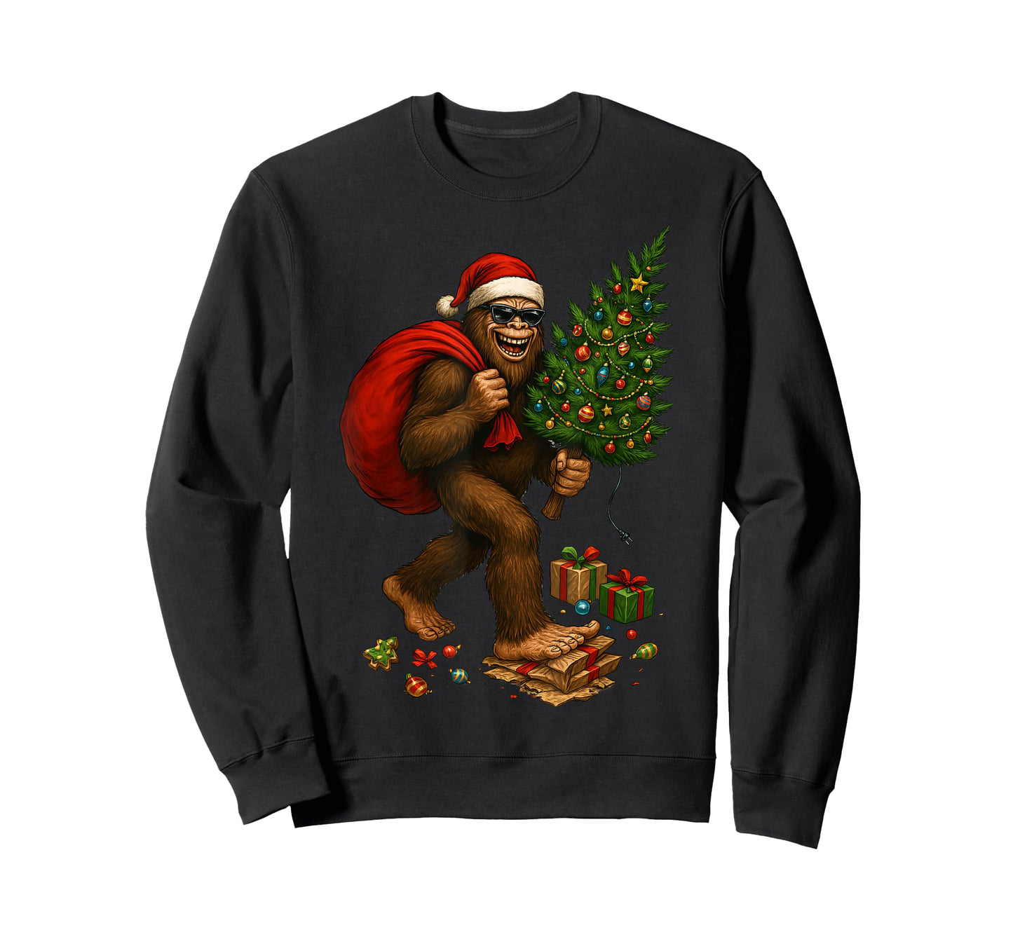 Bigfoot Santa Christmas Tree Lights Xmas Boys Men Sasquax T-Shirt