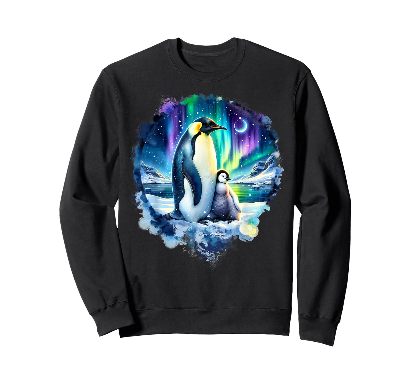 Emperor Penguin and Baby in Arctic Snow with Northern Lights T-Shirt