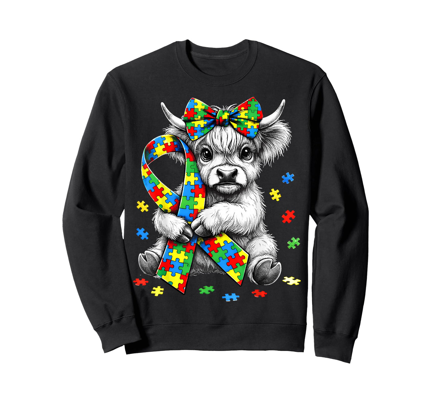 Highland Cow Autism Awareness Puzzle Ribbon Coquette Bow T-Shirt