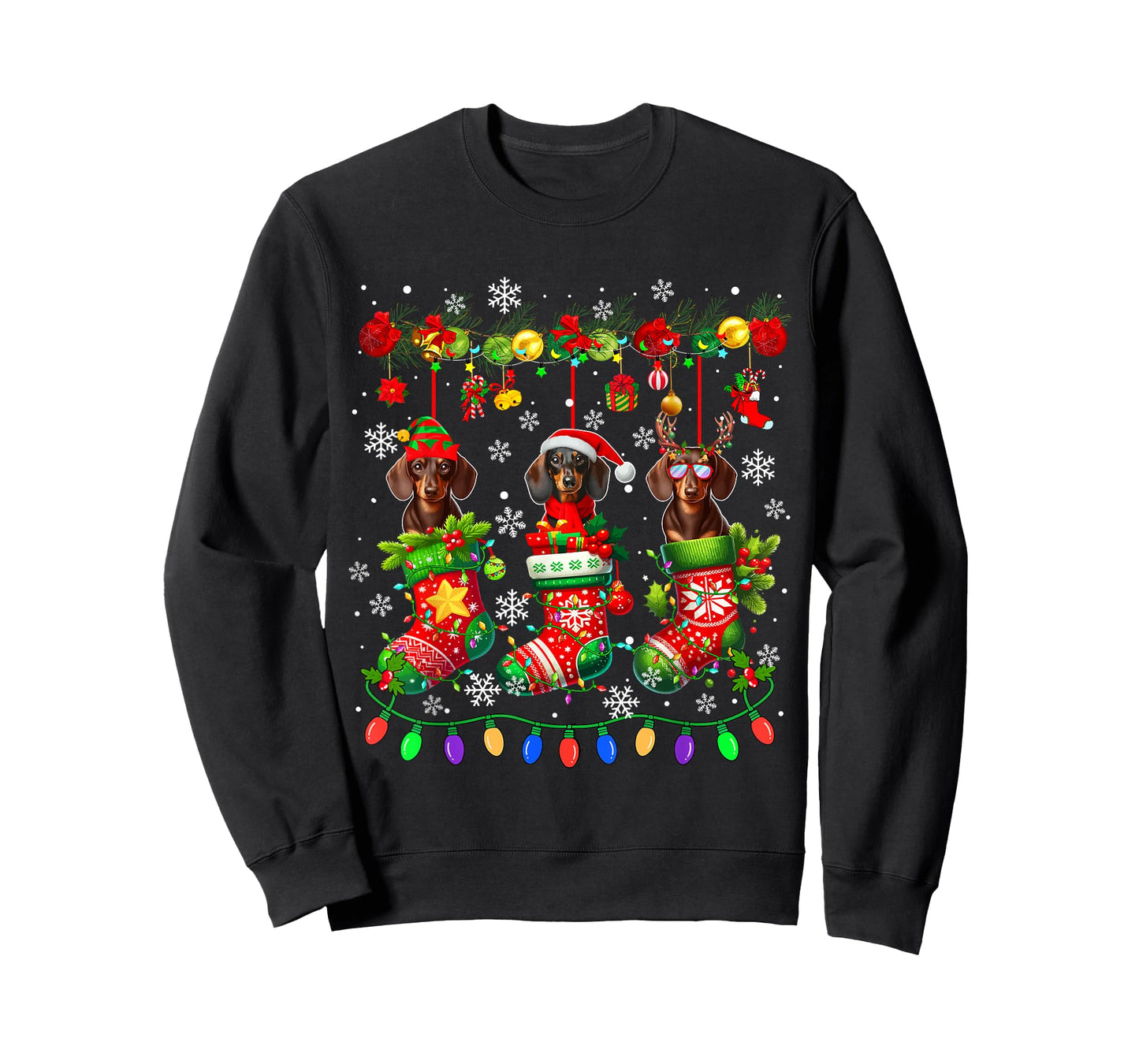 Three Santa Elf Dachshunds in Colorful Christmas Socks Owner T-Shirt