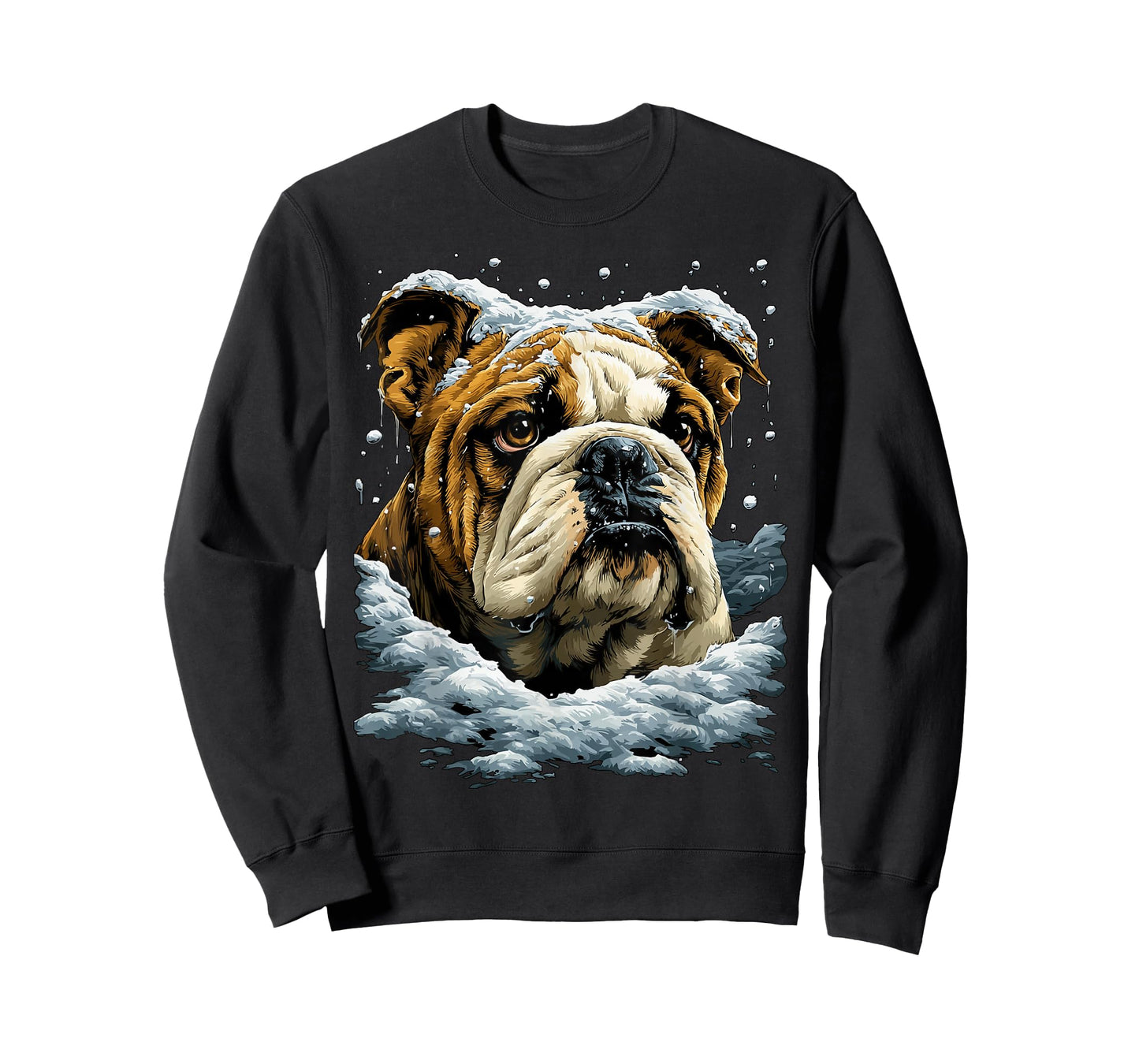 Snowy British Bulldog with Snow and Snowflakes Winter Dog T-Shirt
