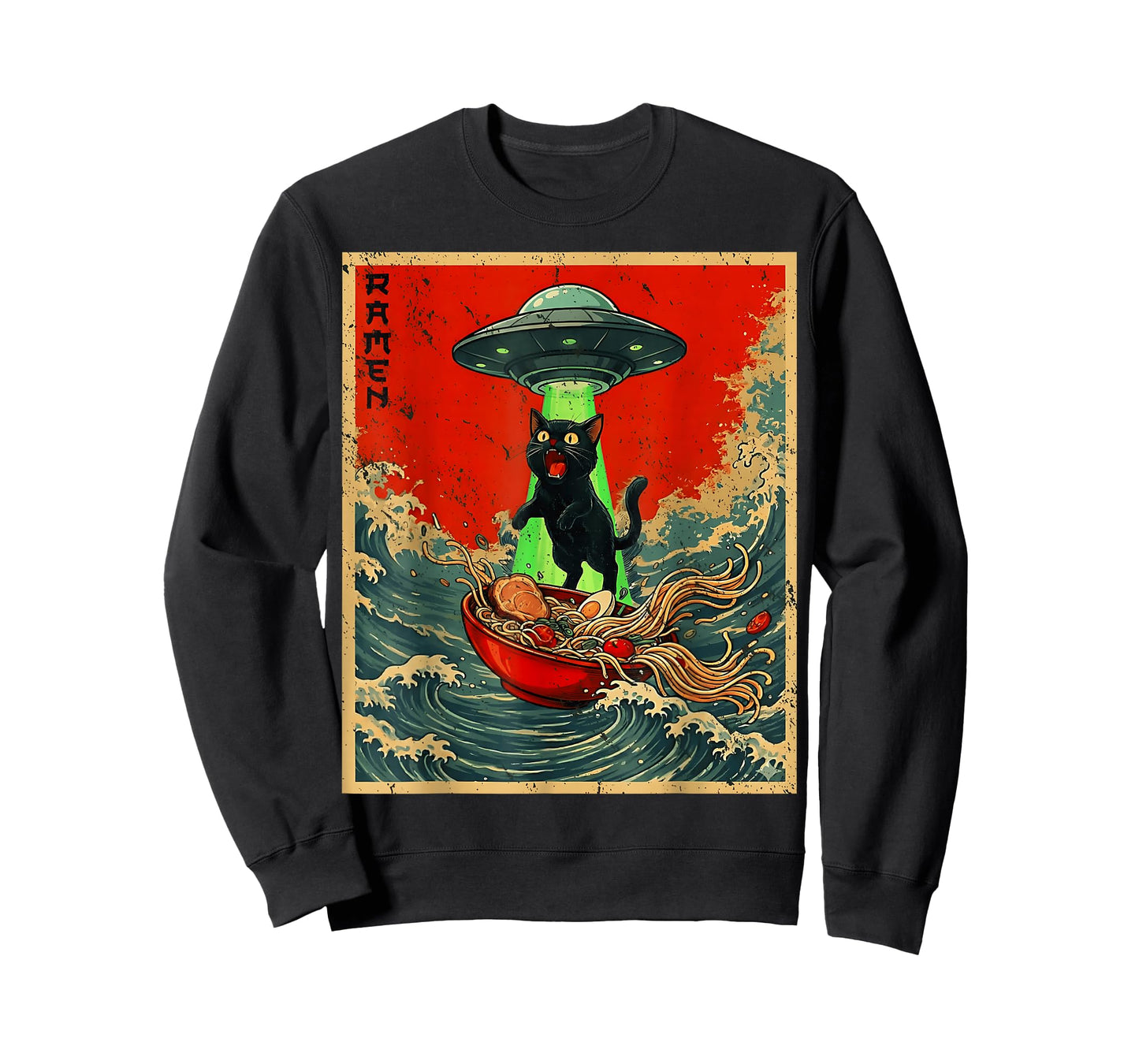 Vintage Japanese Cat Alien Ramen Dad UFO Funny Cats Graphics T-Shirt