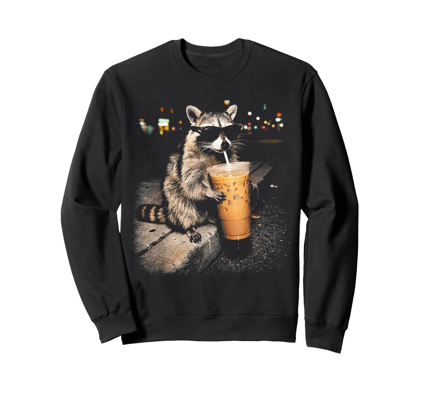 Raccoon Drinking Iced Coffee Funny Animal Meme Men Women T-Shirt