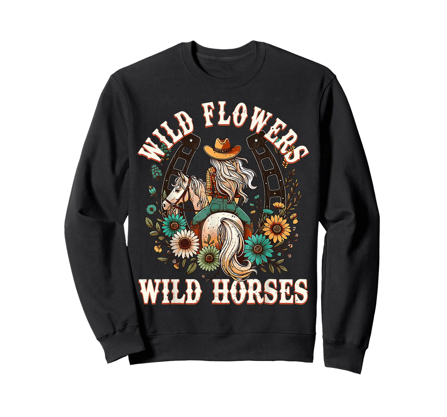 Retro Southern Sunset Cowgirl Wild Flowers - Wild Horses T-Shirt