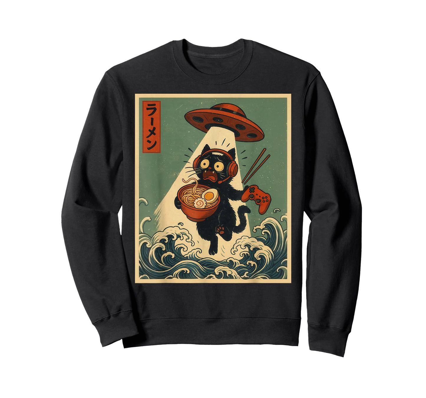 Funny Vintage Japanese Anime Cat Gamer Ramen UFO Gaming T-Shirt