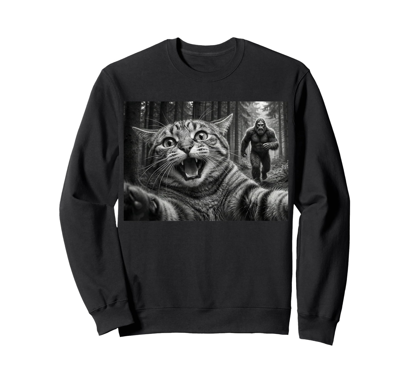 Funny Cat Selfie with Bigfoot Sasquatch Chase in Woods T-Shirt