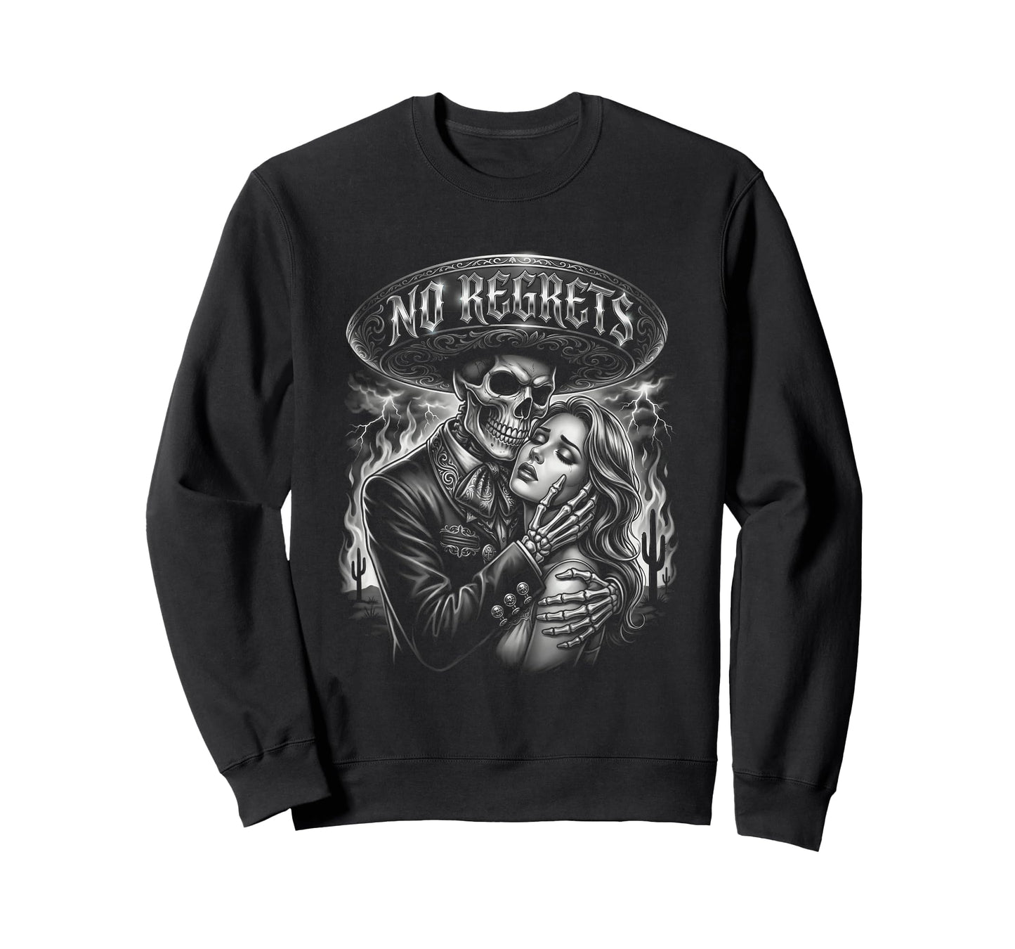 Chicano Skeleton No Regrets Sombrero Tattoo Style T-Shirt