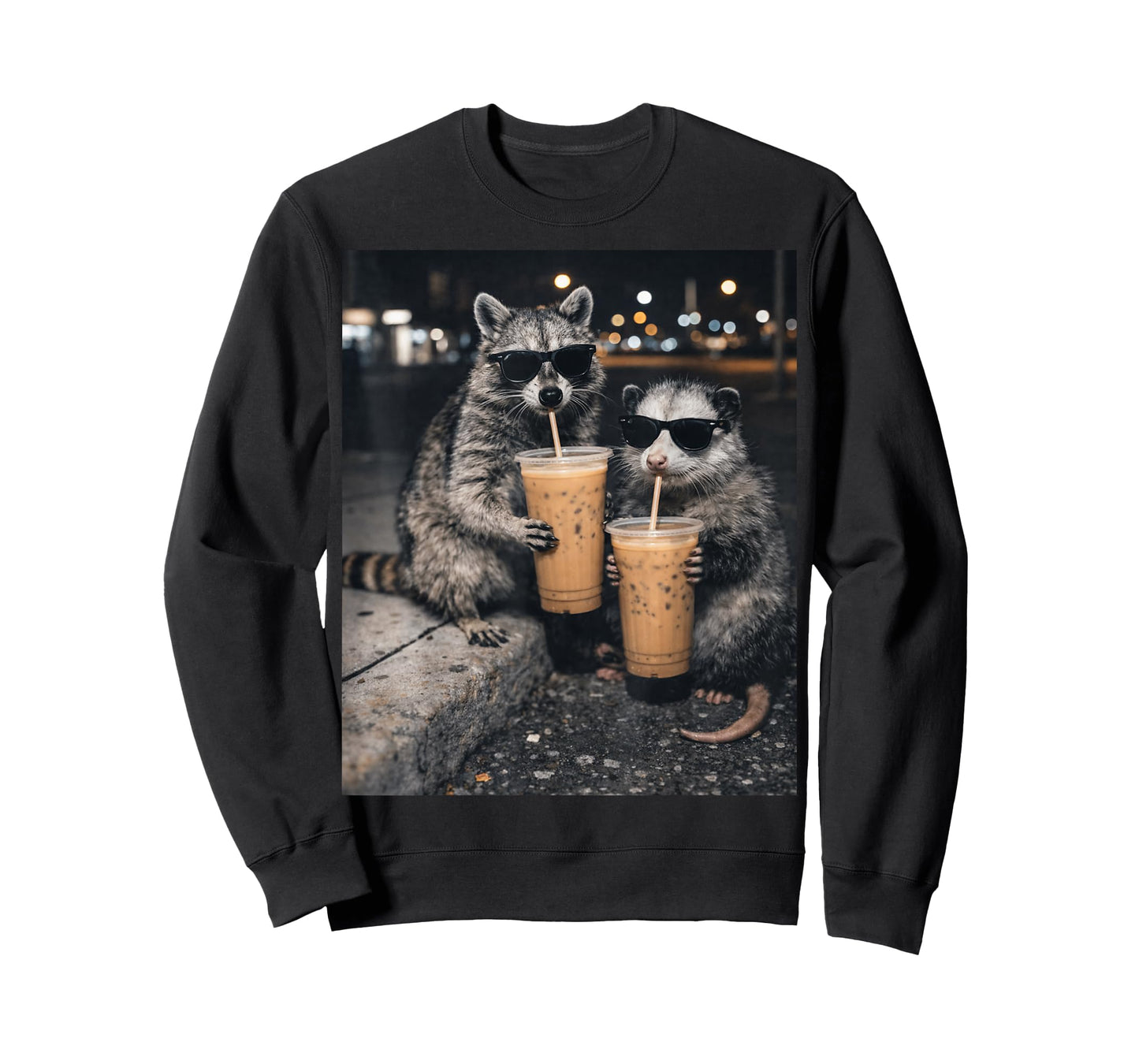 Funny Raccoon and Opossum Drinking Iced Coffee. Cute Animal T-Shirt