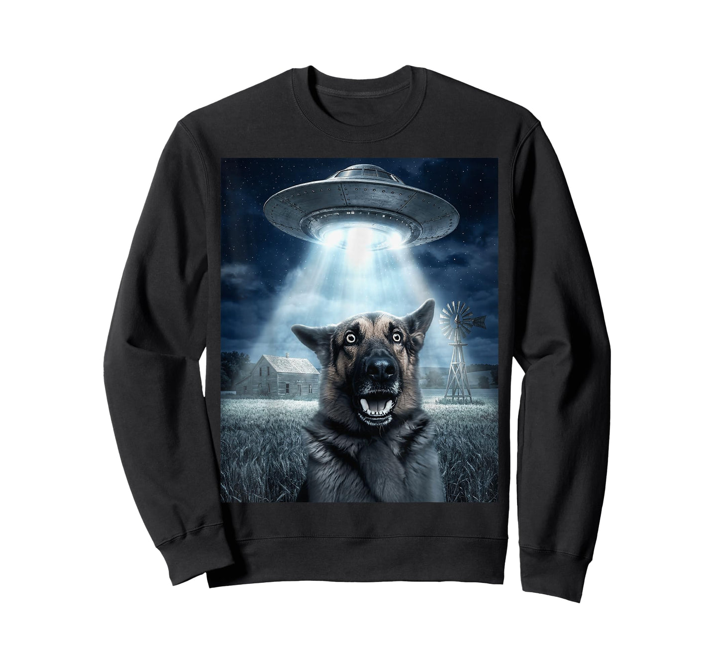 Scared German Shepherd Alien Beam UFO Farm Night T-Shirt