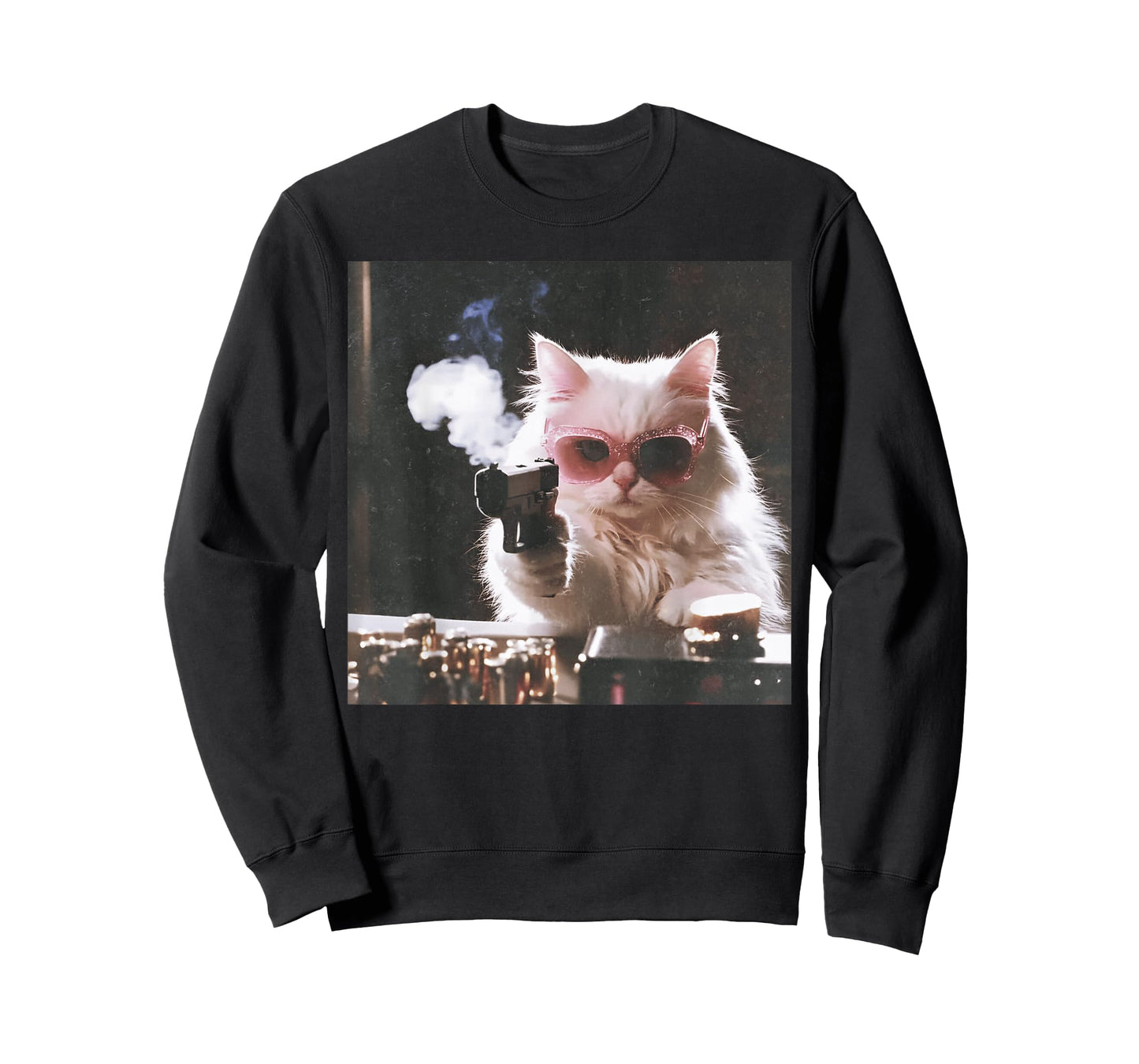 Retro Cool Cat with Gun Pink Sunglasses Cat Meme T-Shirt