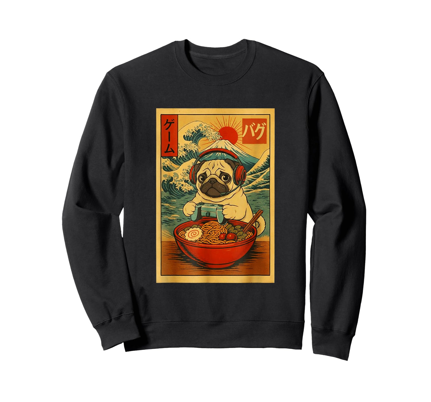 Pug Dog Gaming Ramen Japanese Ukiyo-e Great Wave Retro Art T-Shirt