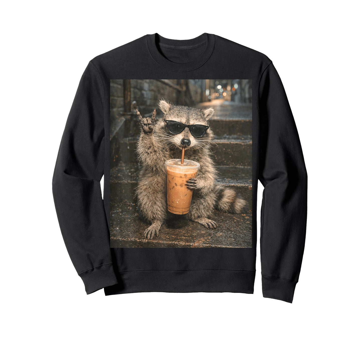Raccoon Drinking Iced Coffee Meme Funny Animal for Men Women T-Shirt