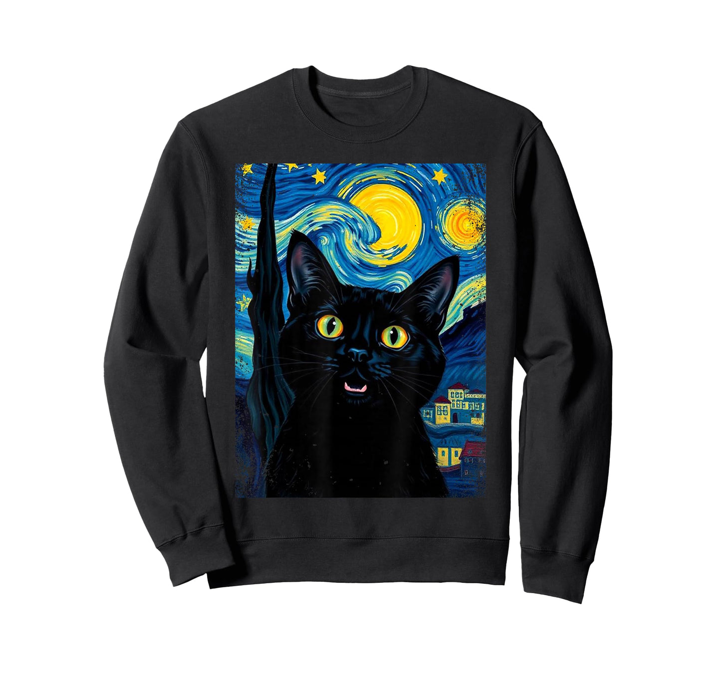 Black Cat Swirling Night Colorful Sky Starry Art Van Gogh T-Shirt
